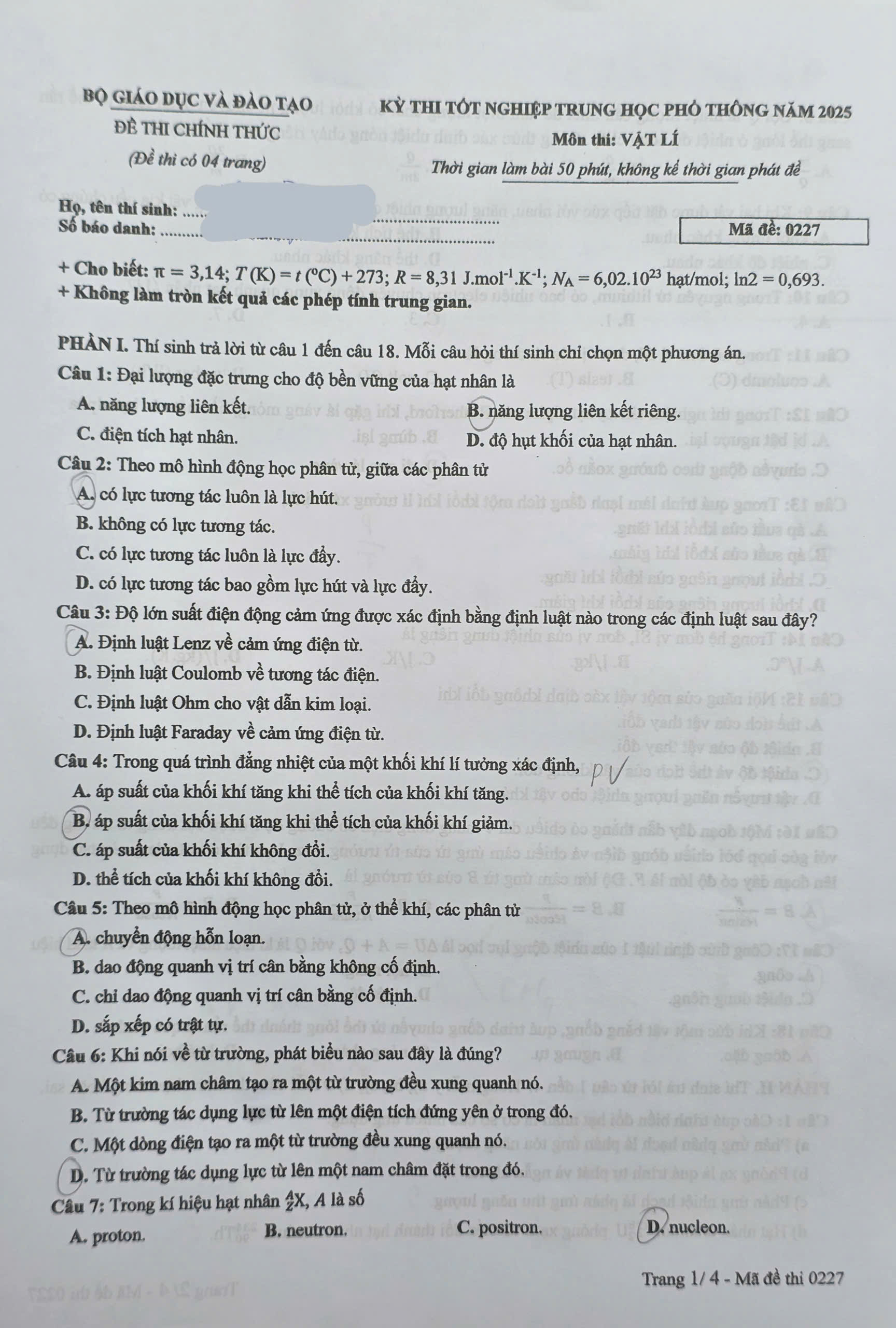 đề thi vật lí tốt nghiệp thpt 2025 chính thức và gợi ý đáp án tham khảo