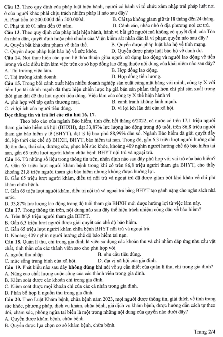 đề minh họa môn Giáo dục Kinh tế và Pháp luật thi tốt nghiệp THPT năm 2025