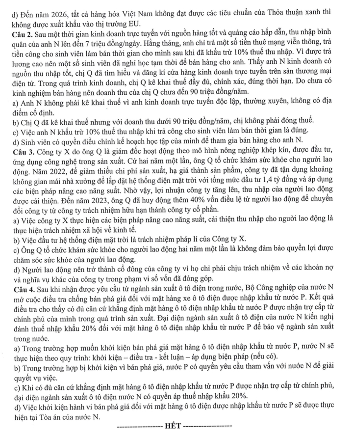 đề minh họa môn Giáo dục Kinh tế và Pháp luật thi tốt nghiệp THPT năm 2025