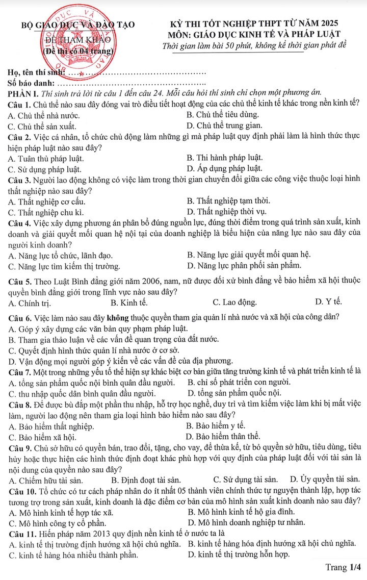 đề minh họa môn Giáo dục Kinh tế và Pháp luật thi tốt nghiệp THPT năm 2025