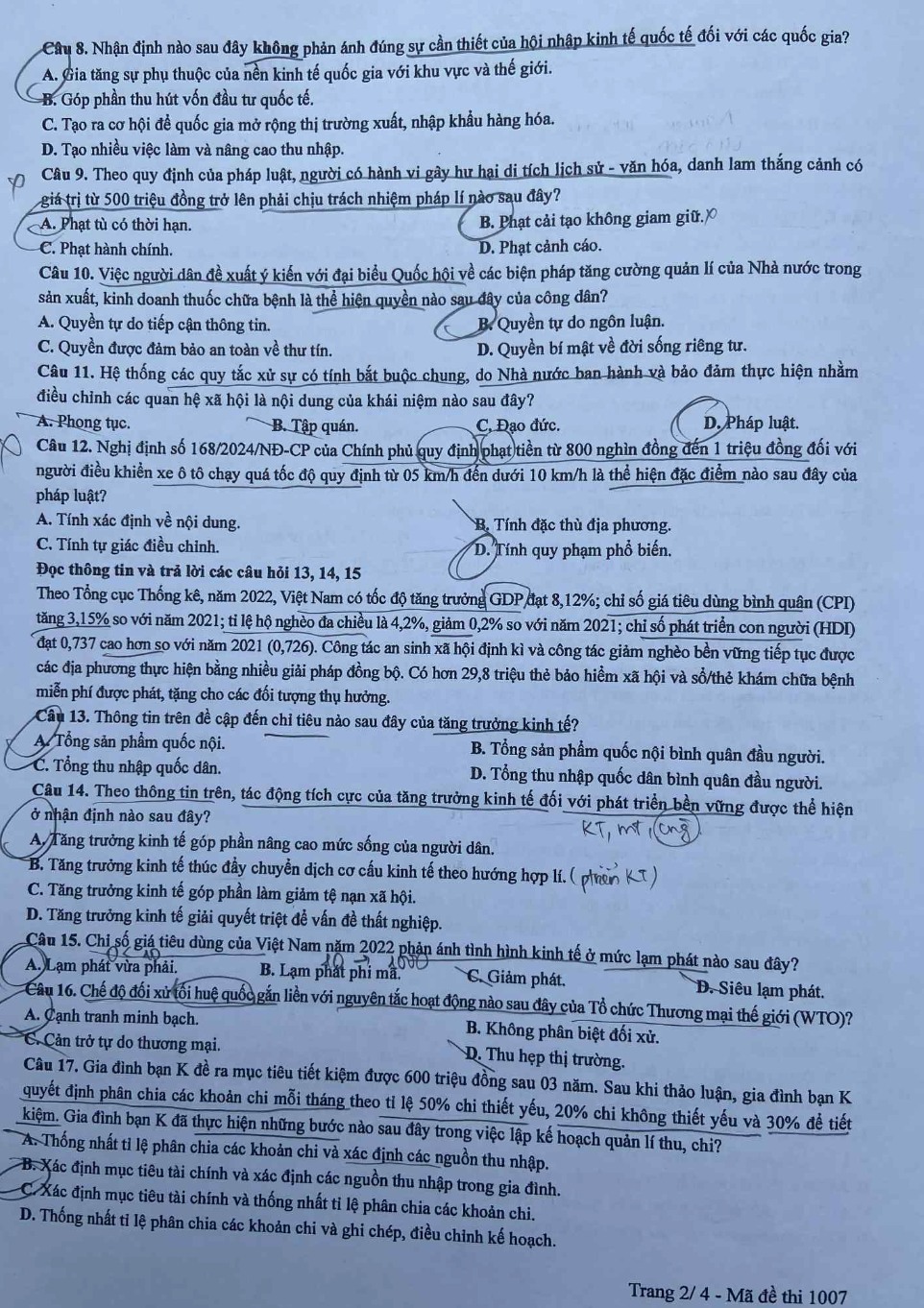 đề thi môn Giáo dục Kinh tế và Pháp luật – Kì thi tốt nghiệp THPT năm 2025 mã đề 1007