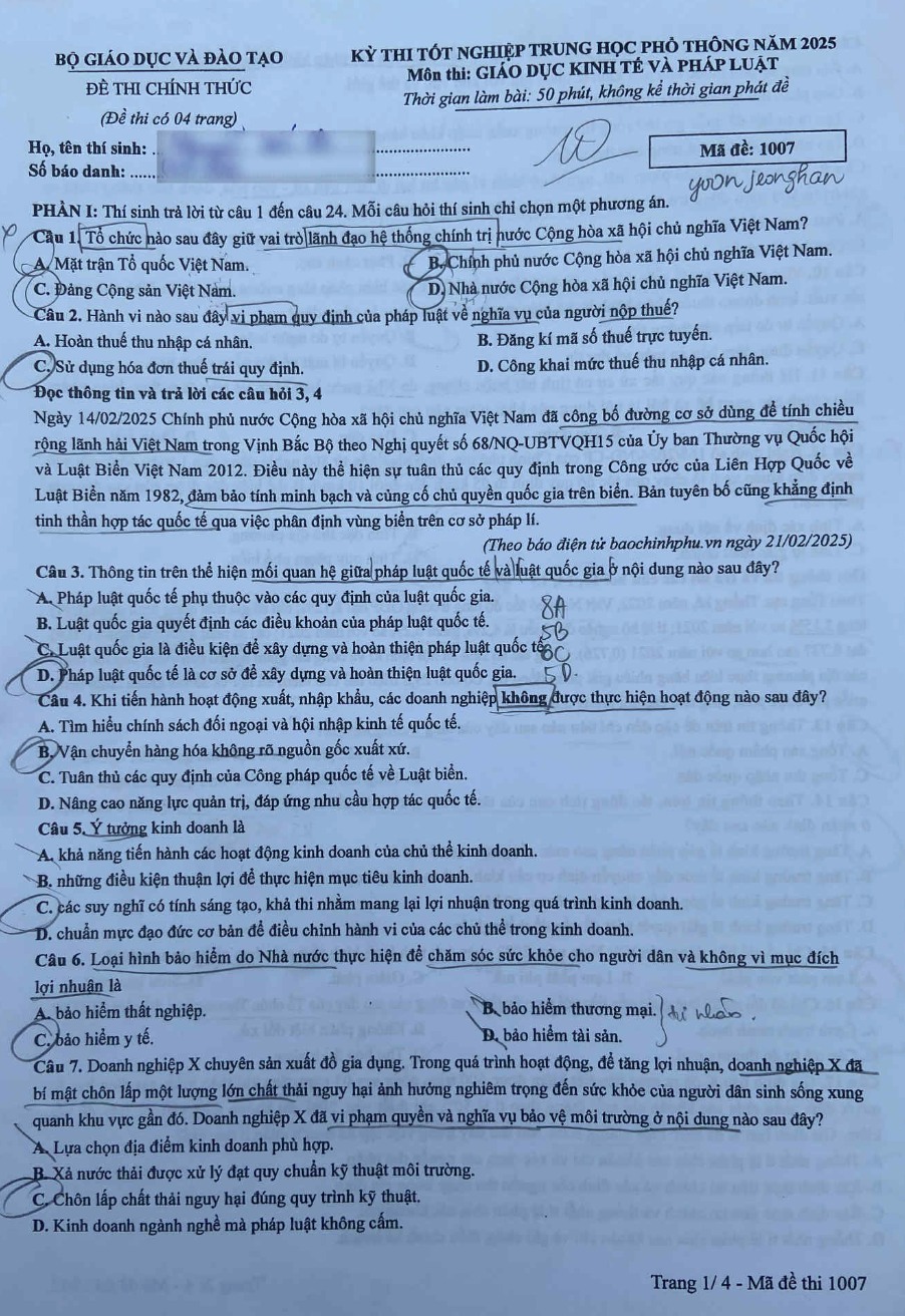 đề thi môn Giáo dục Kinh tế và Pháp luật – Kì thi tốt nghiệp THPT năm 2025 mã đề 1007