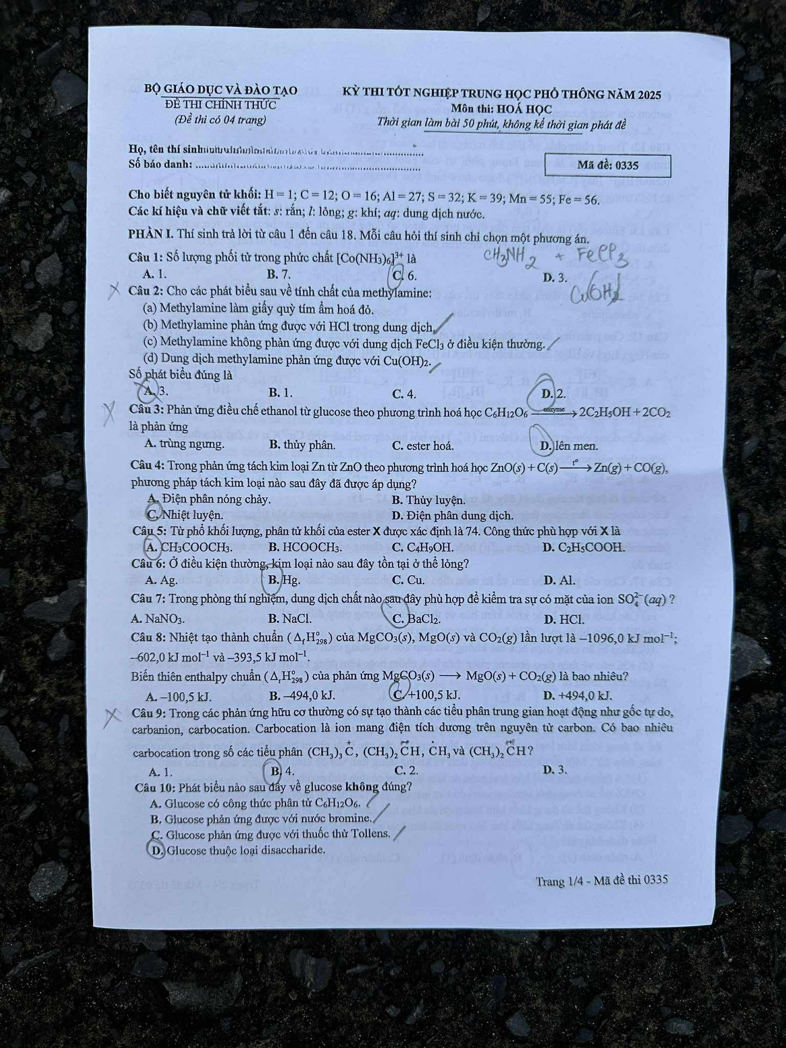 đề thi môn hóa học – Kì thi tốt nghiệp THPT năm 2025 mã đề 0335