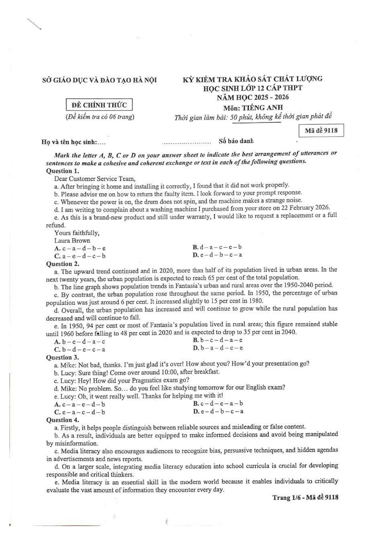 Đề tiếng Anh Sở GD&ĐT Hà Nội thi thử tốt nghiệp THPT 2026