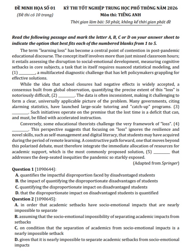 Tải ngay bộ 60+ đề thi môn Anh minh họa kì thi Tốt nghiệp THPT 2026 có lời giải chi tiết PDF